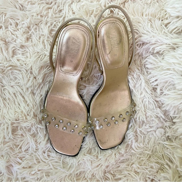 ZARA Golden metallic VINYL HIGH HEELED 3” SANDALS JEWELS SIZE USA 8 or 38 - Picture 4 of 9